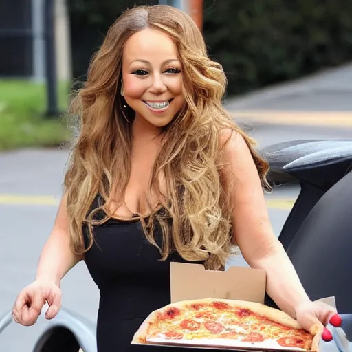 Image similar to mariah carey eating pizza, outside in parking lot