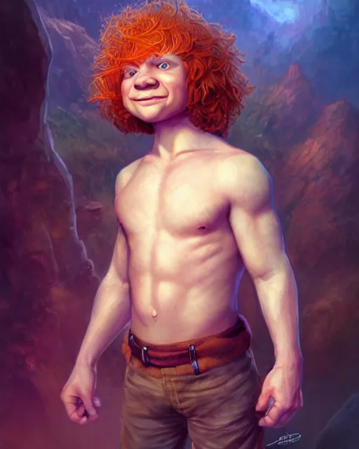 Prompt: hobbit halfling, perfect face, magic, halter top, ginger hair, abs, cinematic, freckles, stunning, adorable, cute, athletic, strong, agile, highly detailed, psychedelic, digital painting, artstation, smooth, hard focus, illustration, art by jessica rossier and and brian froud