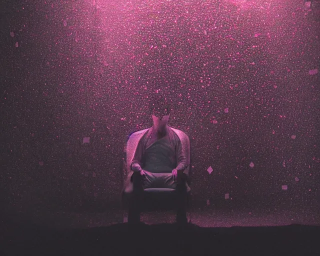 Prompt: man on chair, cave with crystals, glitter, volumetric light, foggy, smokey, moody, kodak photography, cyan and pink light