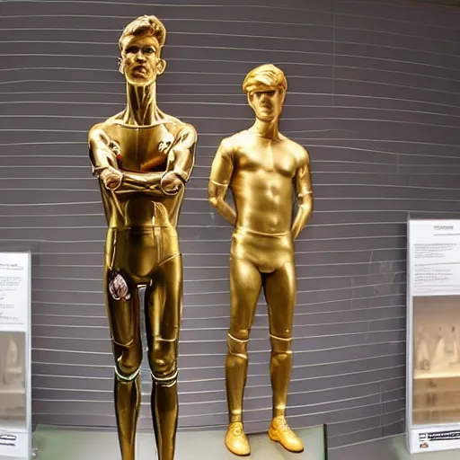 Image similar to a realistic detailed photo of a guy who is an attractive humanoid who is half robot and half humanoid, who is a male android, soccer players martin ødegaard & timo werner, shiny skin, posing like a statue, blank stare, in a museum, on display, showing off his muscles, gold soccer shorts, no jersey, several of them lined up, statue