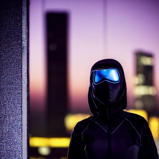 Image similar to photographic portrait of a techwear woman, closeup, on the rooftop of a futuristic city at night, sigma 85mm f/1.4, 4k, depth of field, high resolution, full color