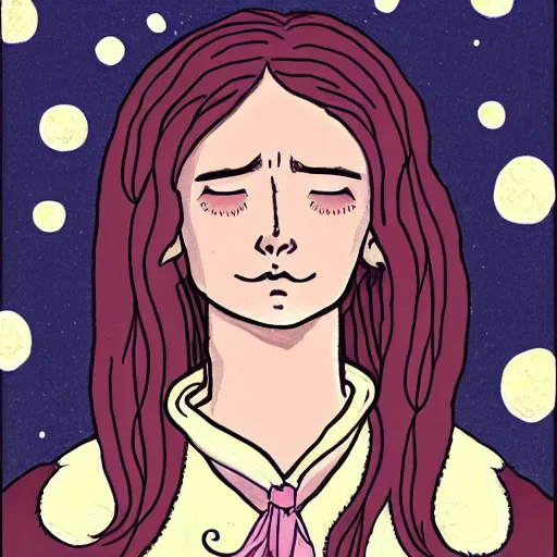 Prompt: Performance art. A beautiful illustration of a young girl with long flowing hair, looking up at the stars. She appears to be dreaming or lost in thought. by Brian K. Vaughan