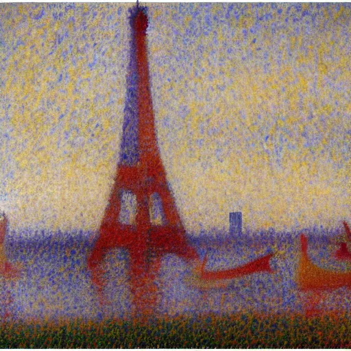 Image similar to eiffel tower building in paris, happy athmosphere, joy, impressionism, by georges seurat,