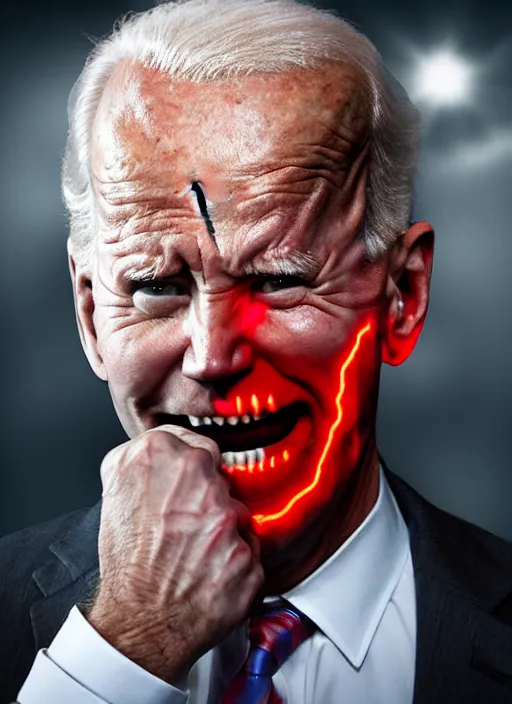 Image similar to hyper realistic ultra realistic horror terror dimensional photo furious glowing red eyes biden, high quality photo, detailed , 8k