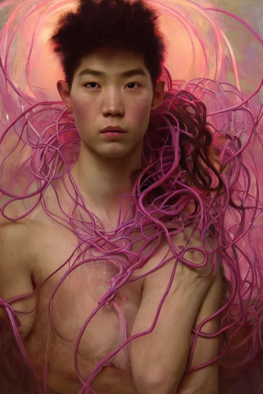 Image similar to hyperrealist portrait of elijah zu bailey, pink, it is decorated with long wires that fall like vines and wears small computers over their body. by jeremy mann and alphonse mucha, fantasy art, photo realistic, dynamic lighting, artstation, poster, volumetric lighting, very detailed faces, 4 k, award winning