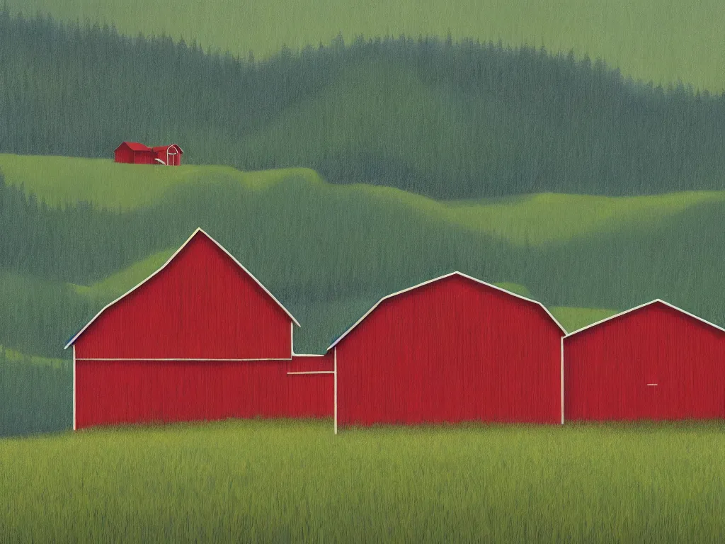 Image similar to An isolated red barn in a lush valley at noon. Simon Stalenhag, highly detailed.