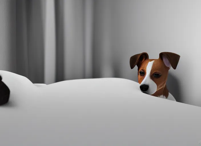 Image similar to photography of a Jack Russel . watching outside the window. on a bed. in a white room. octane render,volumetric light, volumetric fog, photorealistic,, award winning photo, 100mm, sharp, cloth, high res