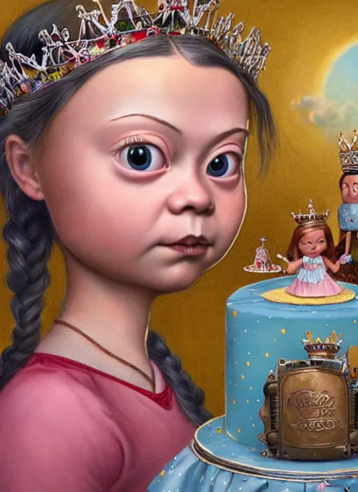 Image similar to highly detailed closeup, face profile portrait of greta thunberg as a tin toy fairytale princess wearing a crown eating cakes, bikini, unreal engine, nicoletta ceccoli, mark ryden, earl norem, lostfish, global illumination, detailed and intricate environment