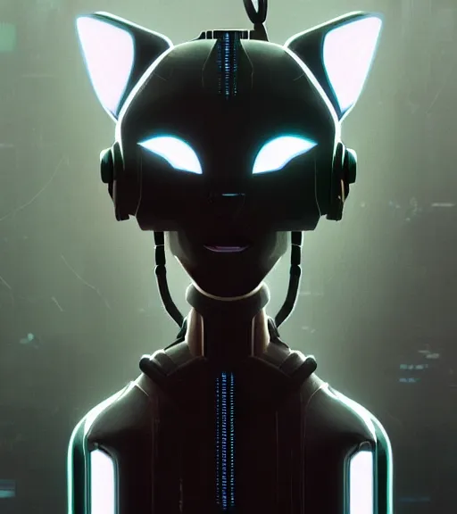 Image similar to new york city portrait icon of furry anthro anthropomorphic stylized cat head android service droid robot machine fursona sleek glossy black tech gloomy rainy screenshot from the video game cyberpunk 2077 digital art by Greg Rutkowski, Simon Stalenhag, christopher nolan trending on Artstation, CGSociety