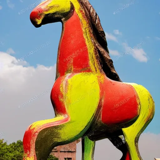 Image similar to horse statue , background from blue to red to yellow