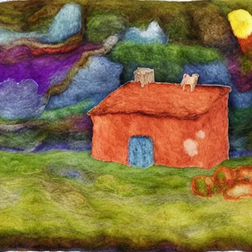 Image similar to small wooden house in the middle of spring forest, bright colours, watercolor, volumetric wool felting, macro photography, children illustration, by giorgio de chirico