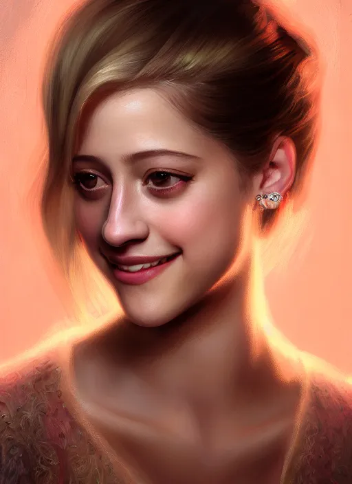 Image similar to portrait of lili reinhart with fluffy bangs, smiling kindly, bangs, 1 9 6 0 s, ponytail, curly bangs and ponytail, intricate, elegant, glowing lights, highly detailed, digital painting, artstation, concept art, smooth, sharp focus, illustration, art by wlop, mars ravelo and greg rutkowski