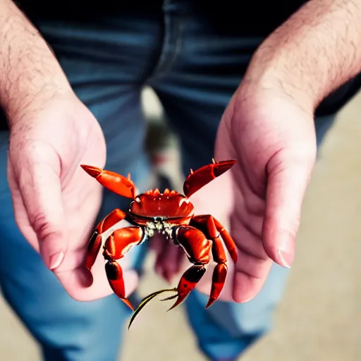 Image similar to a man with a crab claw instead of a hand