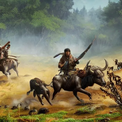 Prompt: ancient tribe hunting buffalo herd, ancient atv, chase scene, dynamic shot,