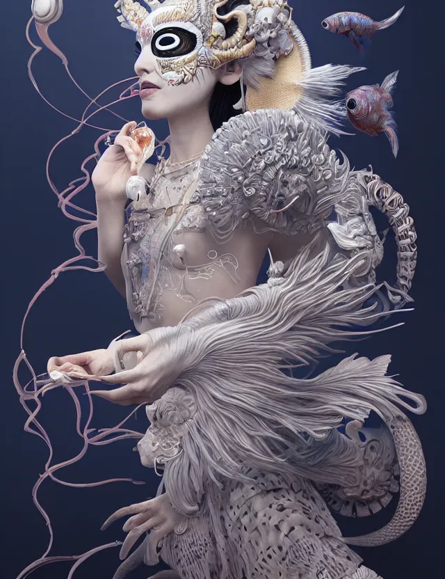 Image similar to 3 d goddess half - turn portrait with ram skull. beautiful intricately detailed japanese crow kitsune mask and clasical japanese kimono. betta fish, jellyfish phoenix, bio luminescent, plasma, ice, water, wind, creature, artwork by tooth wu and wlop and beeple and greg rutkowski