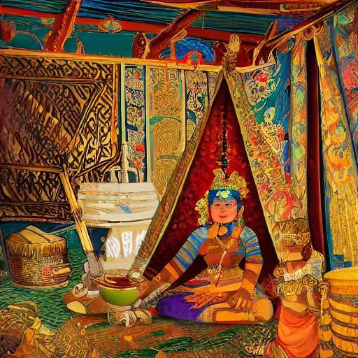 Prompt: portrait of smart tai warlords sit in tai ethnic group traditional tent, tai mon khmer interior decoration, oil painting, fantasy, detailed and intricate environment