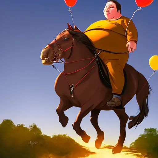 Image similar to digital art of morbidly obese man riding a horse. Three weather balloons are attached to the man. Trending on ArtStation