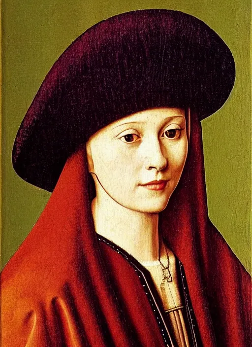 Image similar to portrait young woman young woman in renaissance dress and hat, art by jan van eyck,