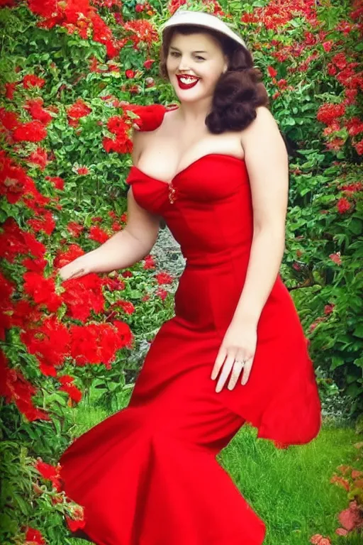 Prompt: a portrait of a beautifull woman, wearing a red dress,with a beautifull smile,a garden background.in american style pin up.anatomically correct