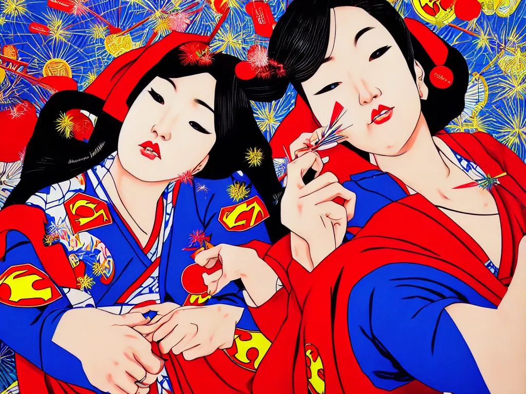 Prompt: hyperrealism composition of the detailed woman in a japanese kimono sitting at a poker table with superman, fireworks on the background, pop - art style, jacky tsai style, acrylic on canvas