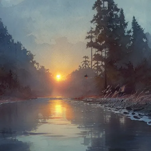 Image similar to River leading into a sunset, Watercolor, photorealistic, high resolution, award winning, trending on artstation, intricate, elegant, highly detailed, digital painting, artstation, concept art, smooth, sharp focus, illustration, art by artgerm and greg rutkowski and alphonse mucha