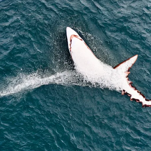 Prompt: an aerial photograph of a giant shark swimming underneath a small fishing boat. photograph. high quality