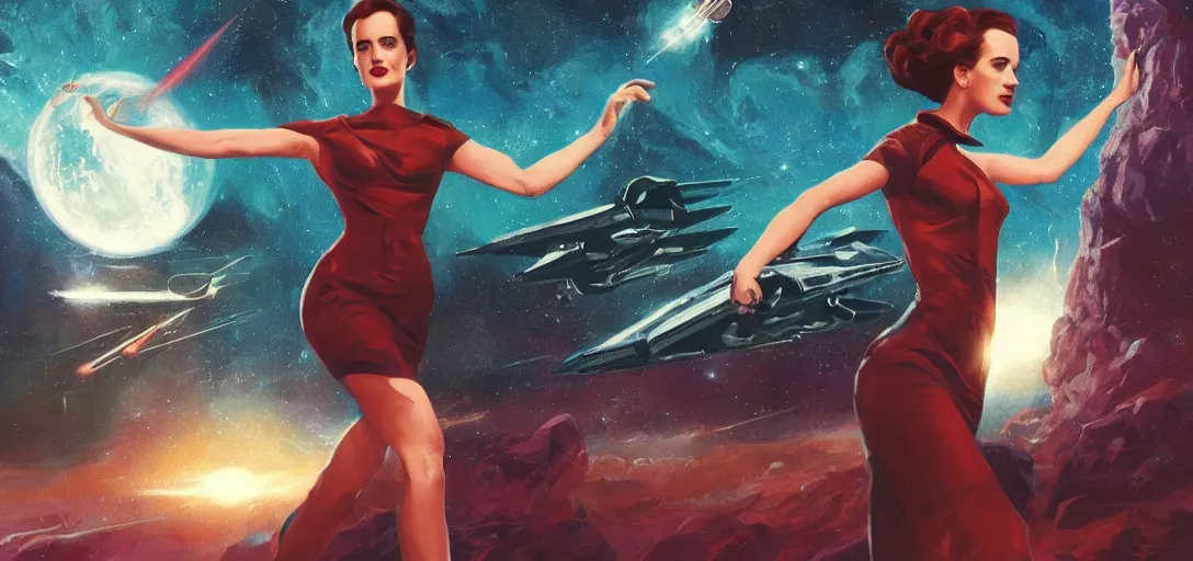 Prompt: Eva Green as a stunning , beautiful retro SCI-FI space heroine 1985 , star ship taking off in the background on the left side , movie poster, intricate, elegant, highly detailed, centered, digital painting, trending on artstation, concept art, smooth, sharp focus, illustration, art by raphael lacoste ,eddie mendoza ,alex ross, WLOP