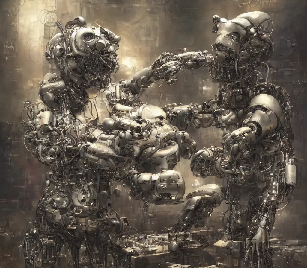 Prompt: an anthropomorphic cyborg robot bear dj mixing records on stage by art germ, krenz cushart, tomasz alen kopera, and pascal blanche, photorealistic, highly detailed, sharp focus, illustration, lifelike, highly detailed, intricate, cyberpunk, cyborg, robotics, biomechanics, trippy