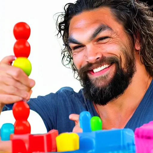 Prompt: A still of a happy, excited Jason Momoa playing with a Fisher-Price stacking toy in a toy commercial, 4k resolution, hyperdetailed, studio lighting