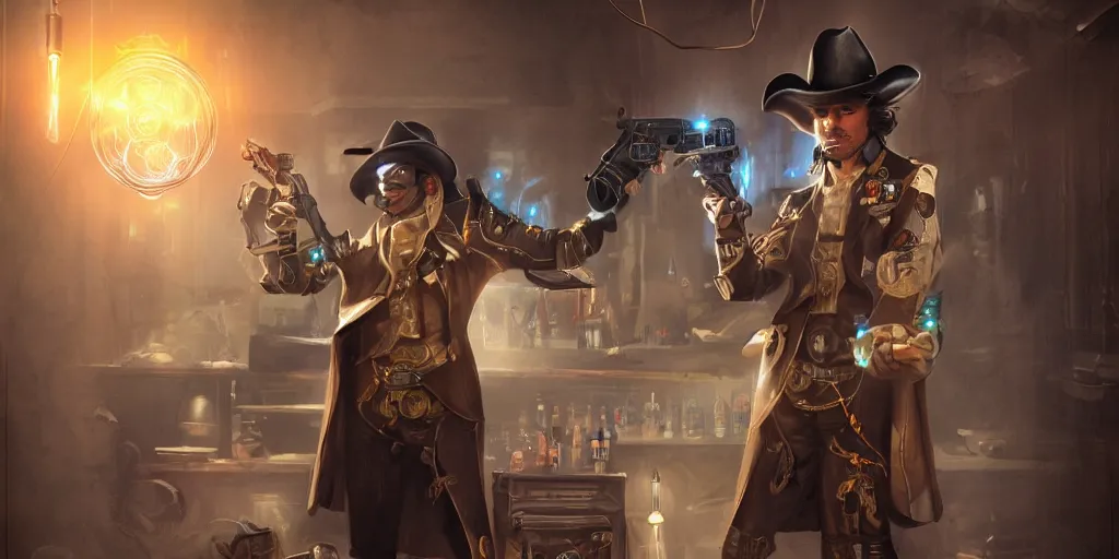 Image similar to a futuristic cowboy holding a glowing revolver to his enemies in a steampunk themed bar, trending on artstation, digital art, award winning, cinematic lightning, god rays