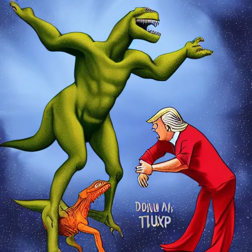 Image similar to Jesus and Donald Trump fighting off a T-Rex, 4k