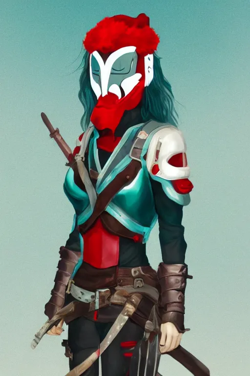 Image similar to female adventurer in tight full - body teal leather armor of japanese design with red accents and a white porcelain crow mask, trending in artstation, japanese, artstation, big moon in the background, establishing shot