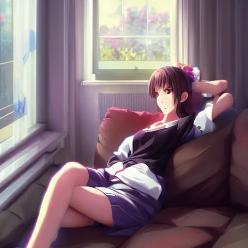 Image similar to anime beautiful girl sits on the sofa and listens to music, the sun shines through the window, clear face, beautiful body, dream light, highly detailed, 8 k, pixiv, in style of kyoto animation, art by cushart krenz