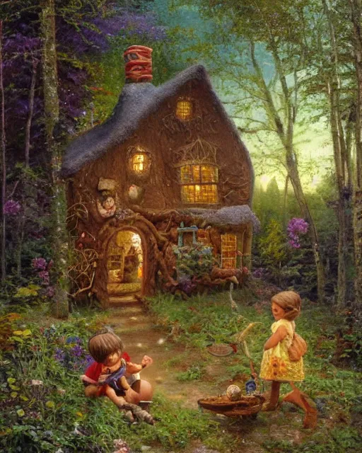 Image similar to an oil painting of a young, poor peasant brother and sister lost in the forest, with a witch's gingerbread house coverd in candy, by thomas kincade, ivan shiskin, and james gurney