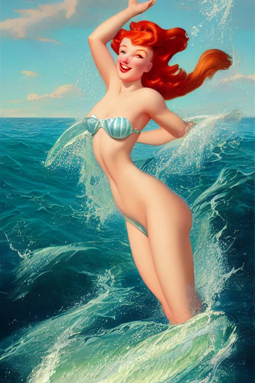 Prompt: sophie turner as the little mermaid surfing the waves by Gil Elvgren Stanley Artgerm Lau, WLOP, James Jean, Andrei Riabovitchev, Marc Simonetti, Yoshitaka Amano, ArtStation, CGSociety, cinematic lighting, god ray, starlit shining eyes, art nouveau