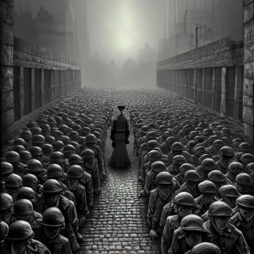 Prompt: the holocaust in roblox, photo from 1940s, very detailed, fantasy, dramatic, intricate, elegant, highly detailed, digital painting, artstation, concept art, smooth, sharp focus, illustration, art by Gustave Dore, octane render