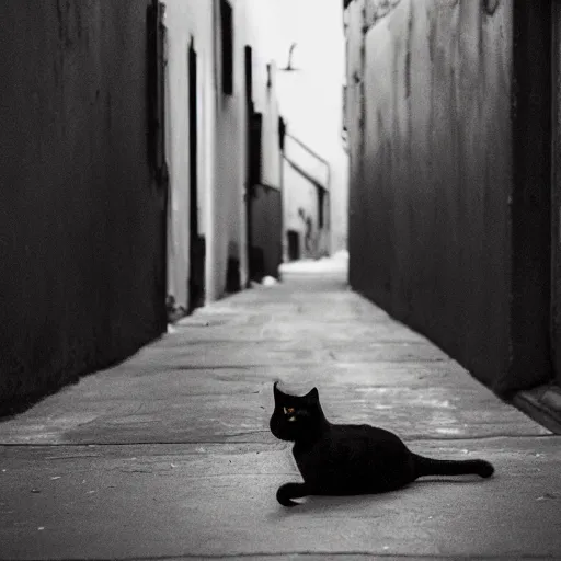 Prompt: 📷📸 A lonely black cat in the middle of an alleyway