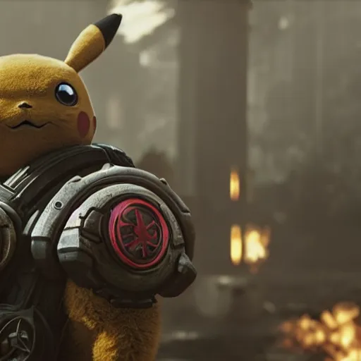 Prompt: pikachu in Gears of War, splash art, movie still, cinematic lighting, dramatic, octane render, long lens, shallow depth of field, bokeh, anamorphic lens flare, 8k, hyper detailed, 35mm film grain