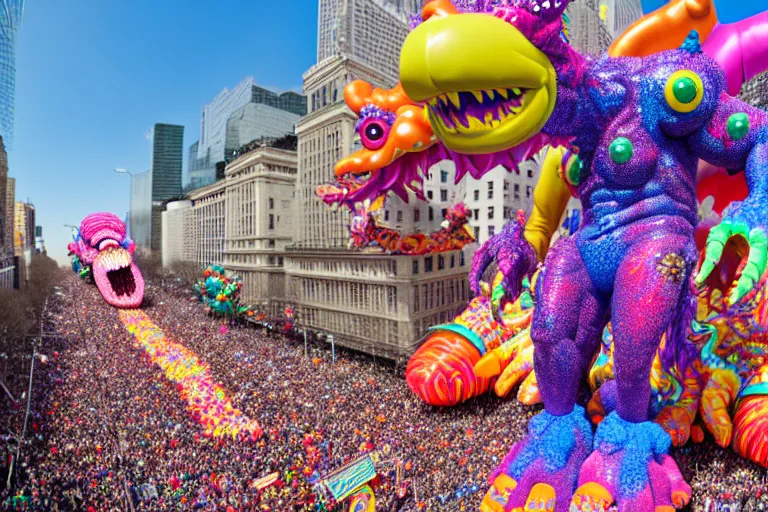 Image similar to photo of giant colorful beautiful elaborate parade float monster creature designed by lisa frank and geof darrow, in the macys parade, detailed 4 k photo, gigapixel, hyperdetailed