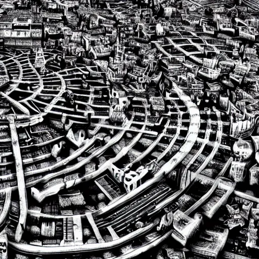 Image similar to ancient goth city with spiral-shaped streets spiraling into insanity hyperreality hd 8k plane view very detailed high contrast
