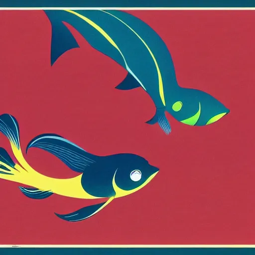 Image similar to fantastic mythical fish swimming around, eyvind earle style