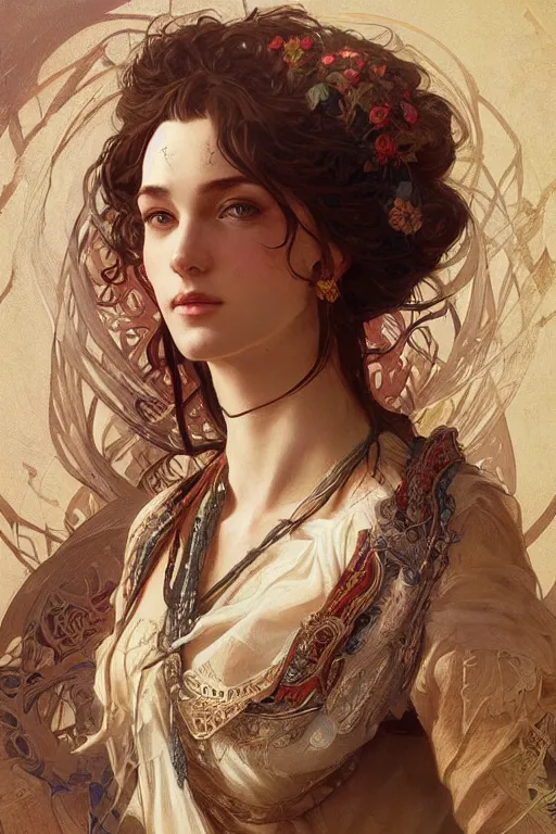 Image similar to beautiful natural renaissance gypsy, intricate, elegant, highly detailed, digital painting, artstation, concept art, smooth, sharp focus, illustration, art by artgerm and greg rutkowski and alphonse mucha