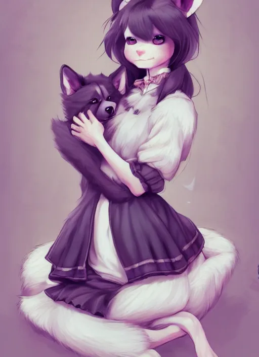 Prompt: beautiful portrait commission of a cute furry anthro husky dog fursona french maid clothes in a cozy home. character design by charlie bowater, ross tran, artgerm, and makoto shinkai, detailed, inked, western comic book art