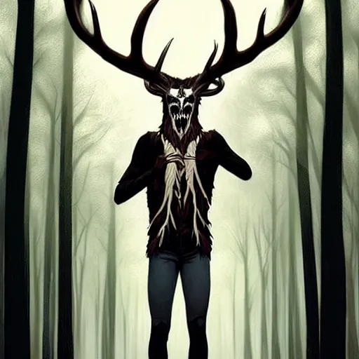 Prompt: rafeal albuquerque comic art, joshua middleton, artgerm : : wendigo monster with deer skull face, antlers, furry body, tall and lanky : : walking through the forest : : night time : : spooky, scary, fog