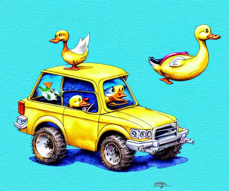 Image similar to cute and funny, duck riding in a tiny amphibious vehicle, ratfink style by ed roth, centered award winning watercolor pen illustration, isometric illustration by chihiro iwasaki, edited by craola, tiny details by artgerm and watercolor girl, symmetrically isometrically centered