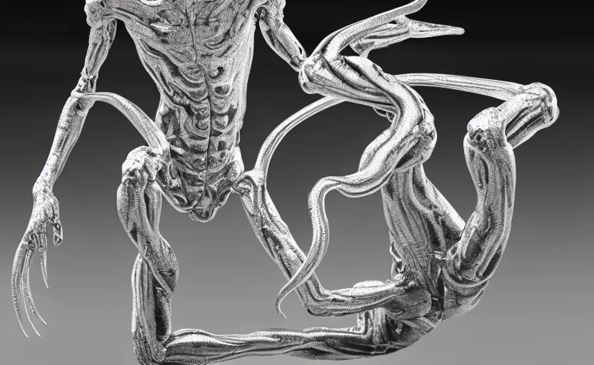 Image similar to stylized shiny polished silver statue full body extra limbs bizarre cosmic horror quadruped four legs made of marble of slug creature tendrils, perfect symmetrical body, perfect symmetrical face, hyper realistic, hyper detailed, by johannen voss, by michelangelo, octane render, blender, 8 k, displayed in pure white studio room