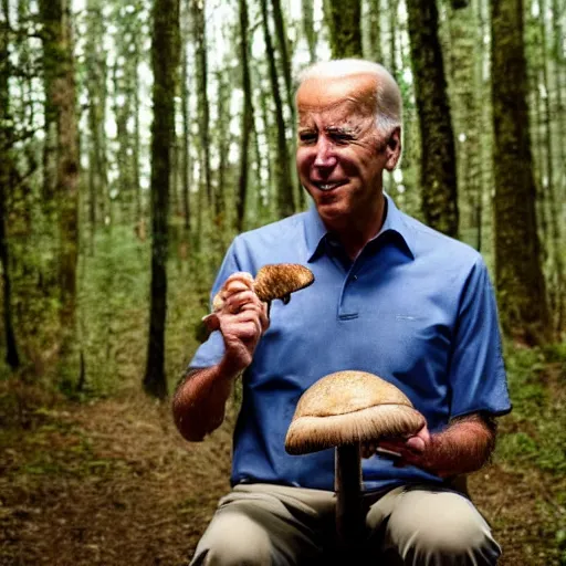 Prompt: joe biden eating mushrooms in the forest