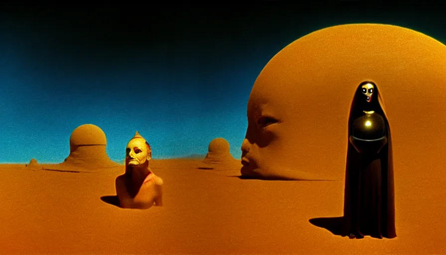 Image similar to glowing bene gesserit in full - face golden glowing mask meet salvador dali in a black rocky desert landscape with alienabandoned city beneath the sand and giant alien spaceship in the sky attacks the earth by christopher doyle and alejandro jodorowsky, anamorphic lens, kodakchrome, cinematic composition, very detailed photo, 8 k,