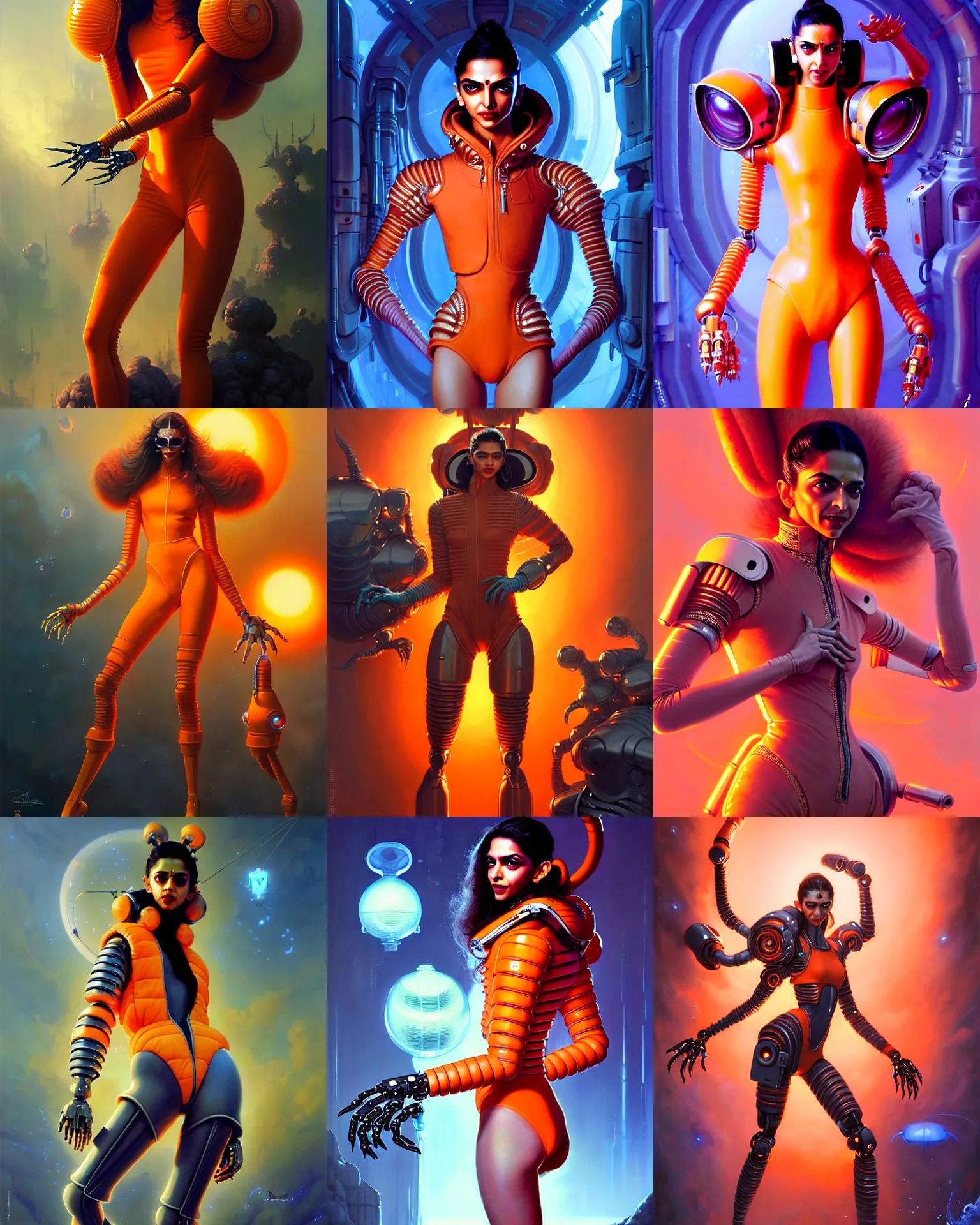 Prompt: beautiful fantasy character portrait, deepika padukone, wearing orange puffy bomber jacket with leotard, futuristic robots, ultra realistic, dramatic lighting, robots, the fifth element artifacts, highly detailed by peter mohrbacher, hajime sorayama, wayne barlowe, boris vallejo, aaron horkey, gaston bussiere, craig mullins