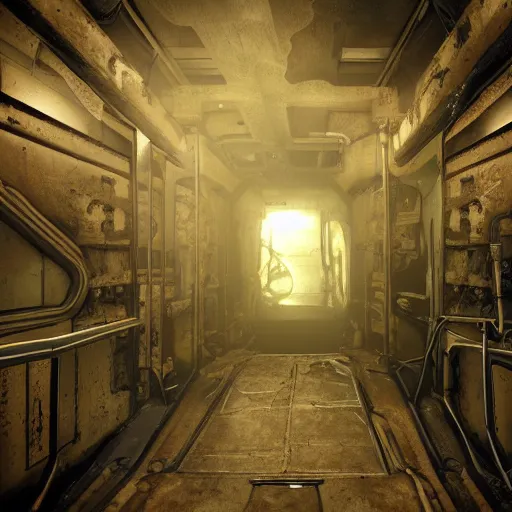 Image similar to disfigured necromorph being crawling in the spacecraft hallway, rusty and dirty interiors, highly realistic and intricate, dim lights